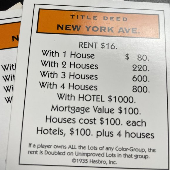 Monopoly Classic New York Ave Property Title Deed Card Replacement u - Picture 2 of 3